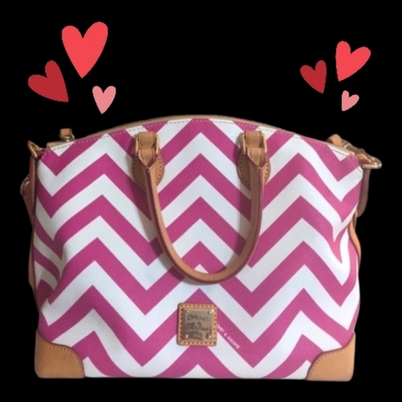 Dooney & Bourke Handbags - Dooney And Bourke Pink And White Chevron Satchel With Leather Trim